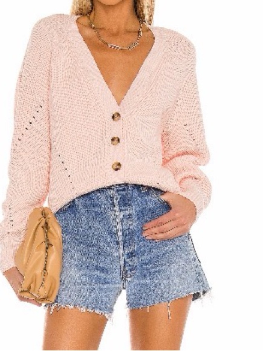 Tularose V-Neck Lightweight Knit Button-Front Sweater Cardigan - Blush Pink